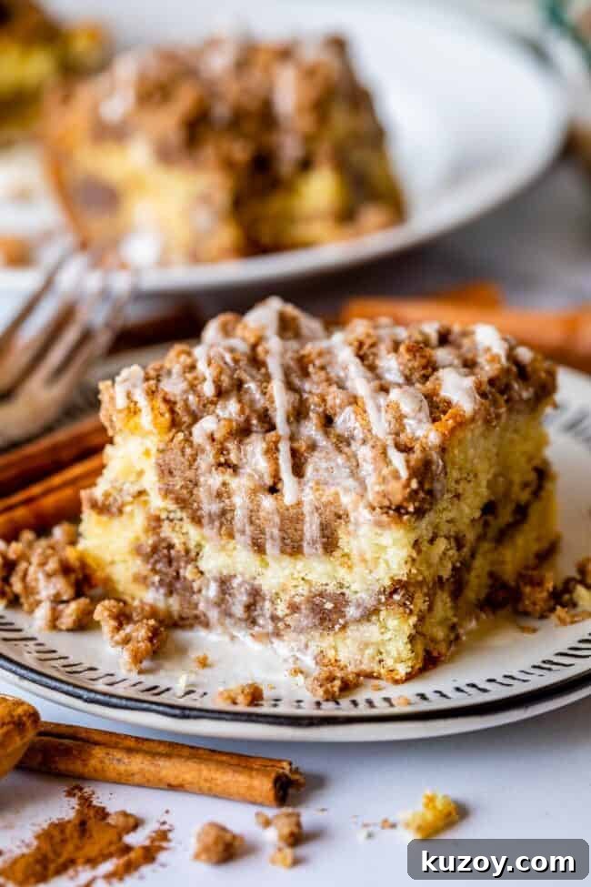 Sour Cream Coffee Cake Recipe with Moist Crumb and Cinnamon Swirl 2 Homemade coffee cake with streusel on a white plate.