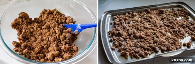 Mixing streusel Mixing together streusel, adding it to batter in a pan.