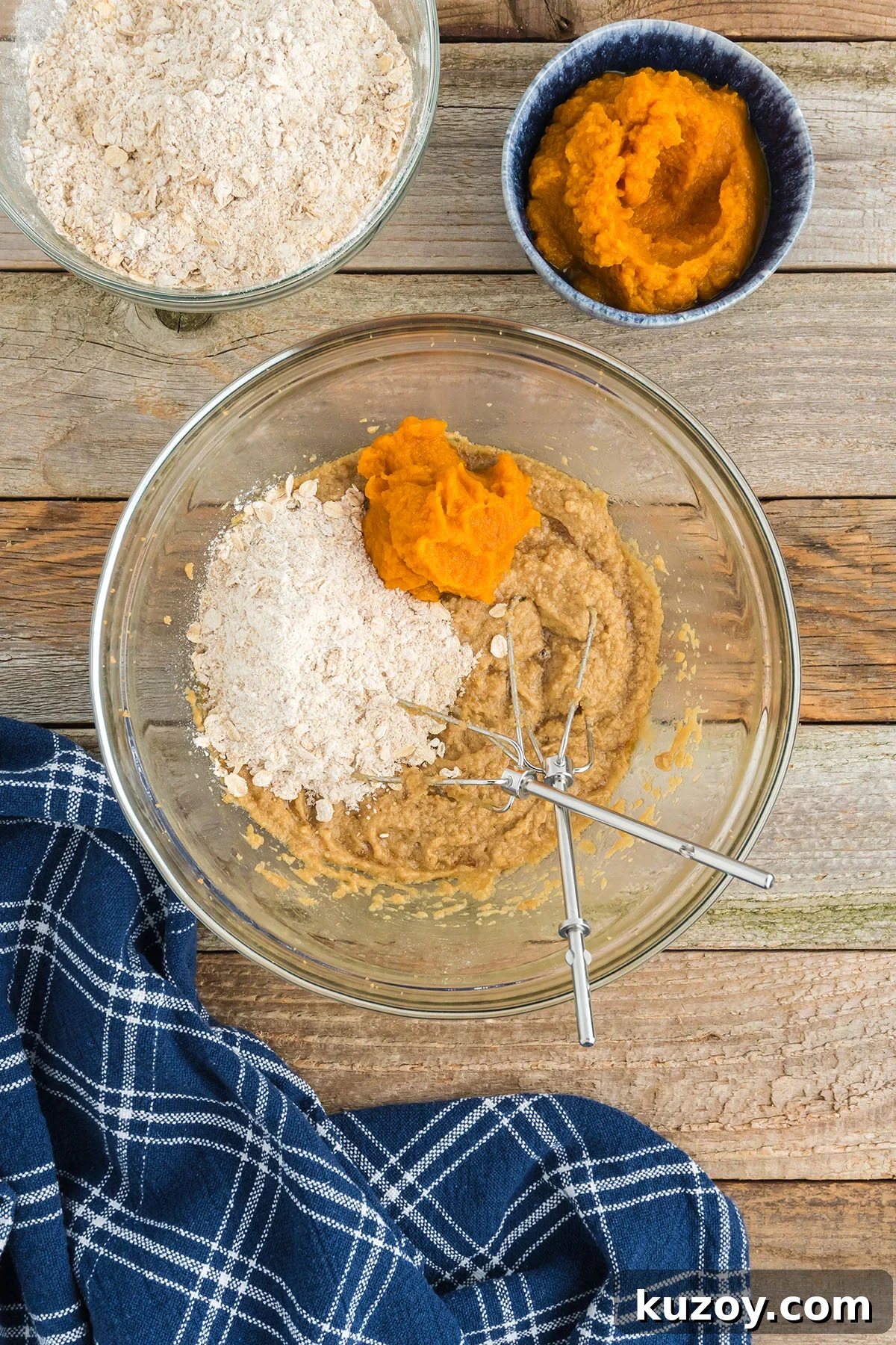 Pumpkin Oat Breakfast Cookies — Ready in 30 Minutes 6 Flour, oats, flax meal, baking soda, cinnamon, ginger, cloves, and salt added to batter in mixing bowl.