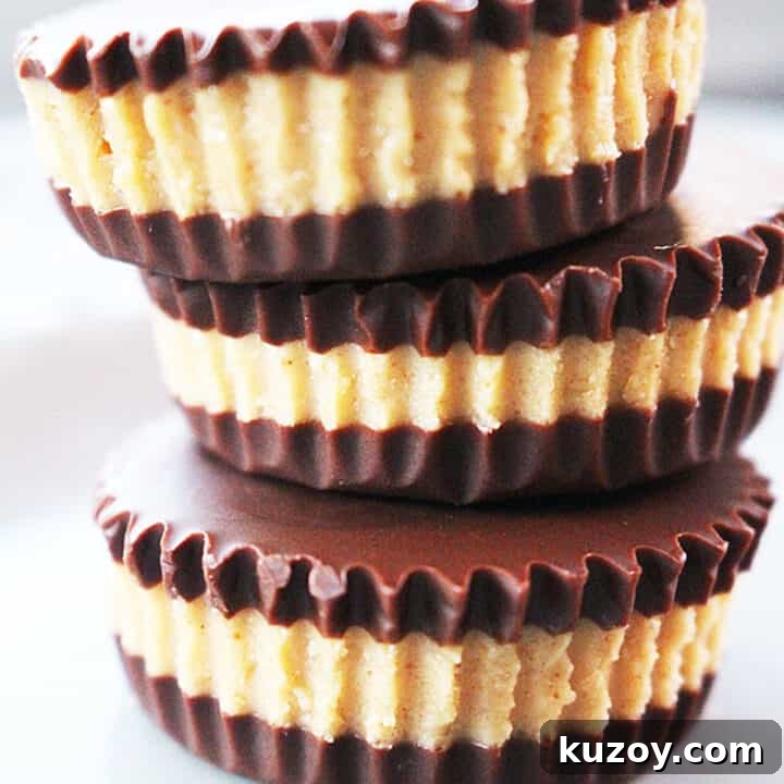 Paleo & Vegan Peanut Butter Cups — Dairy-Free Recipe Options 5 stack of 3 healthier peanut butter cups.