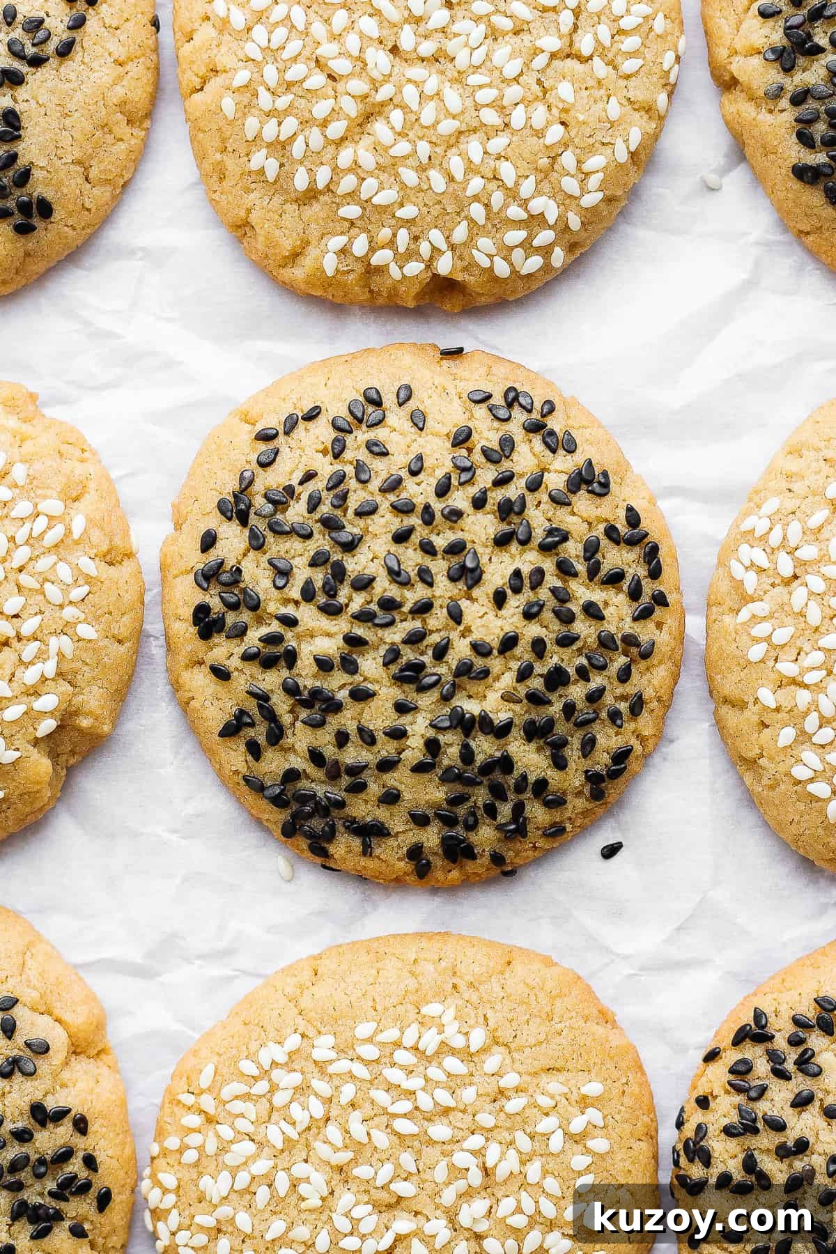 Chewy Tahini Cookies Recipe with Golden Sesame Flavor 2 sesame cookies with black sesame seeds.