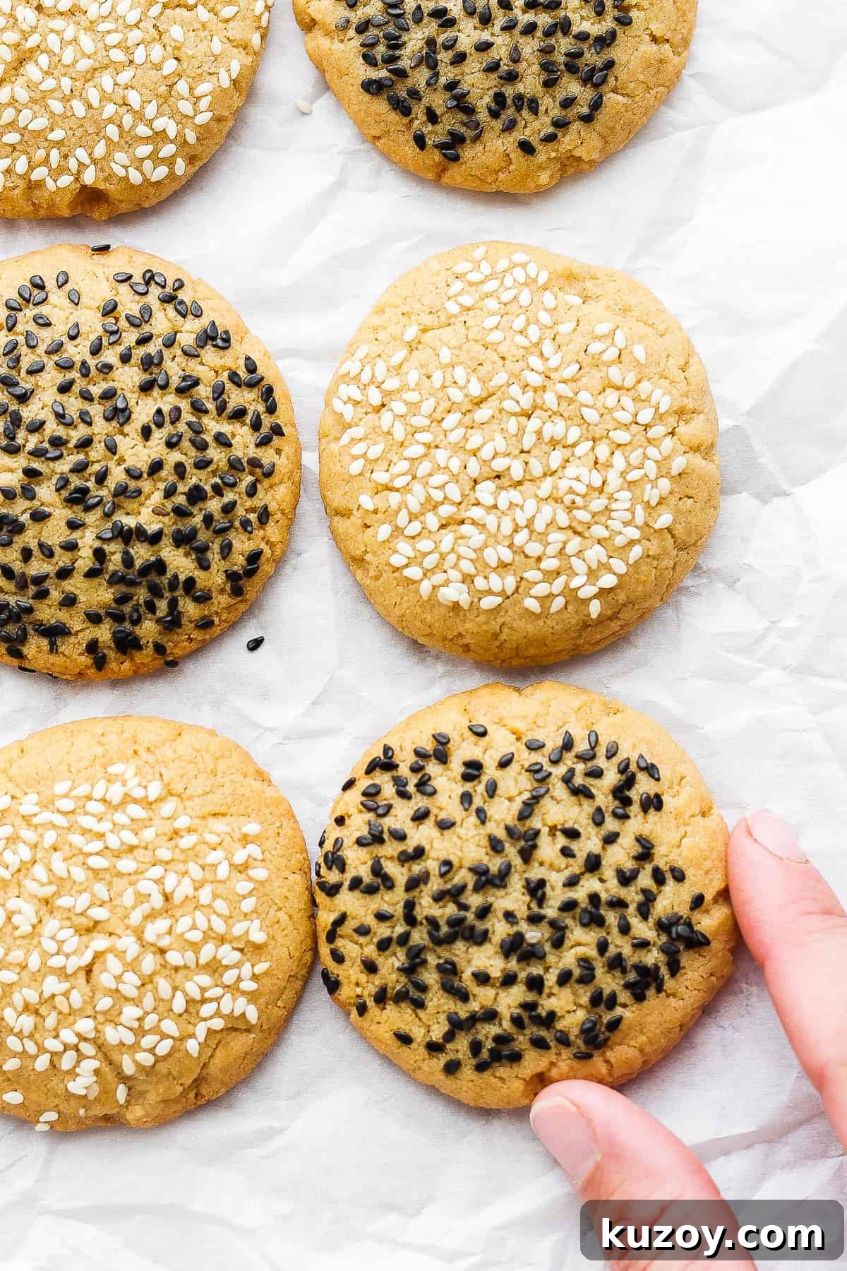Chewy Tahini Cookies Recipe with Golden Sesame Flavor 12 sesame cookies with sesame seeds on top.