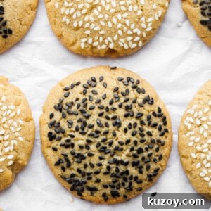 Chewy Tahini Cookies Recipe with Golden Sesame Flavor 14 sesame cookies with black sesame seeds.