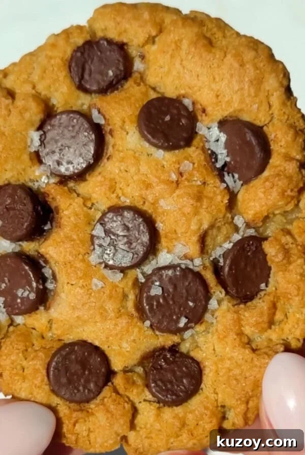 Chewy Tahini Cookies Recipe with Golden Sesame Flavor 4 A person holding a chocolate chip cookie topped with coarse sea salt; the cookie has a golden-brown color and visible chocolate chips.