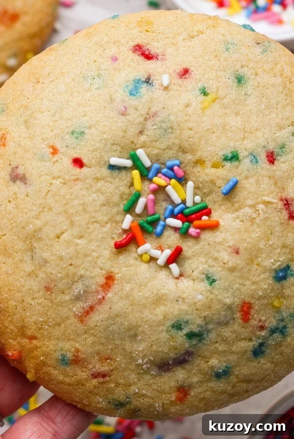 Chewy Tahini Cookies Recipe with Golden Sesame Flavor 7 A hand holds a large round sugar cookie with colorful sprinkles mixed in and a small cluster of sprinkles on top.