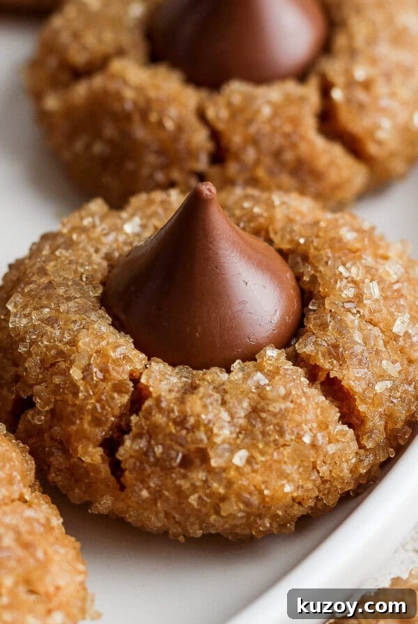 Chewy Tahini Cookies Recipe with Golden Sesame Flavor 8 Peanut butter cookies with chocolate kisses on a plate.