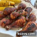 BBQ chicken drumsticks on platter.