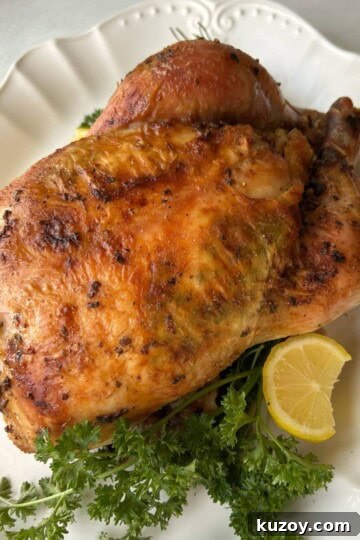 Roasted whole chicken on platter.