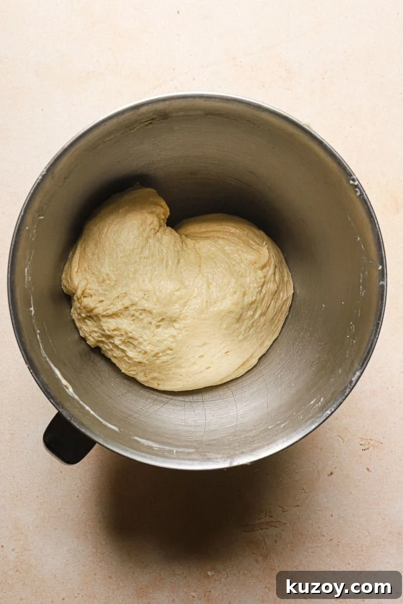 A mixer bowl with a smooth dough.