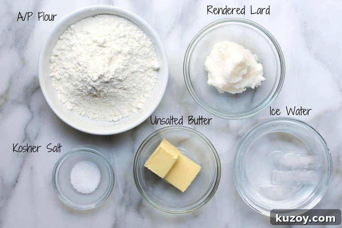 Flaky Lard Pie Crust Recipe for Perfect Homemade Pies 3 Lard Pie Crust Ingredients on a marble board