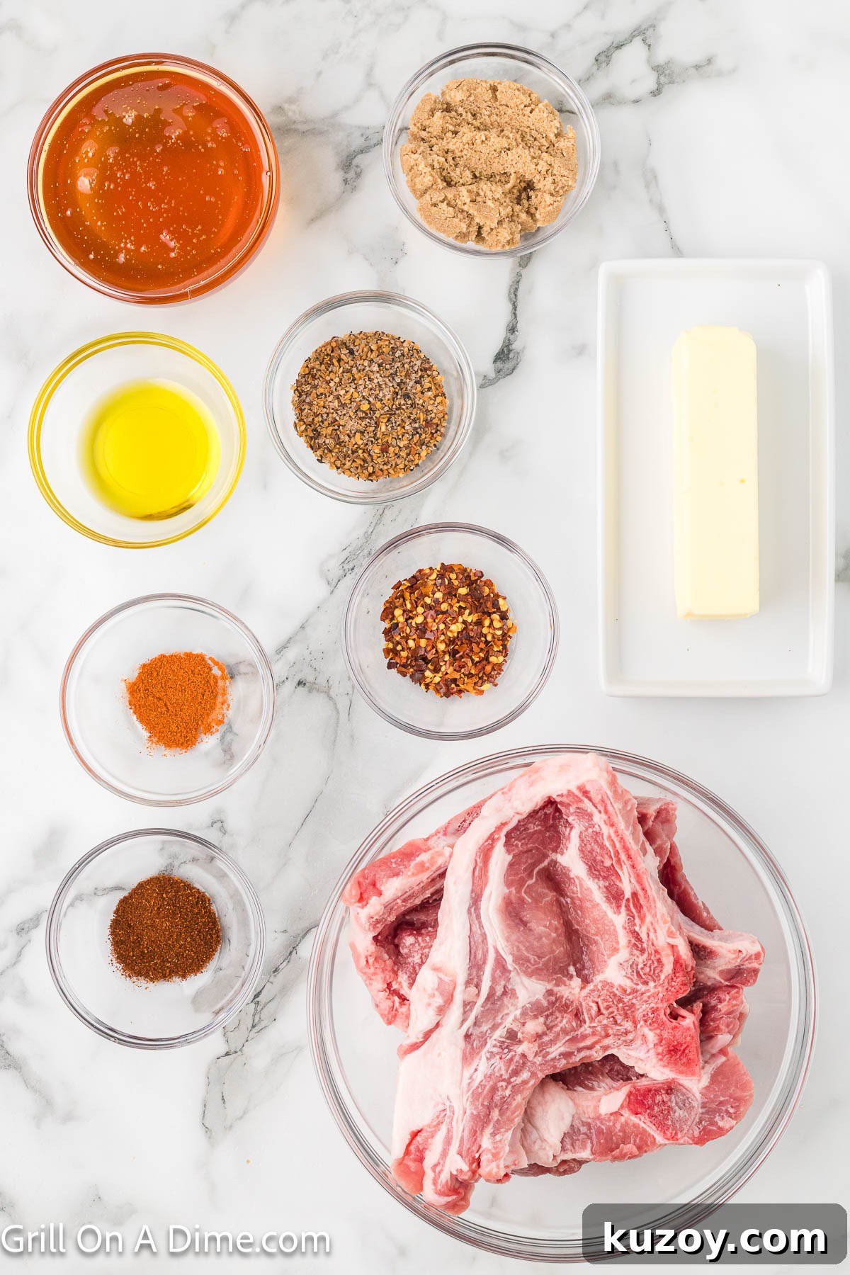 Spicy Honey-Glazed Pork Chops Recipe 3 Ingredients - Pork Chops, olive oil, steak seasoning, brown sugar, chili powder, butter, honey, red pepper flakes, cayenne pepper