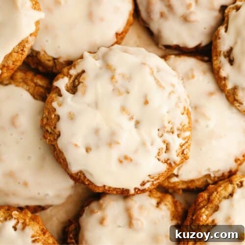 A close up of glazed cardamom oatmeal cookies.