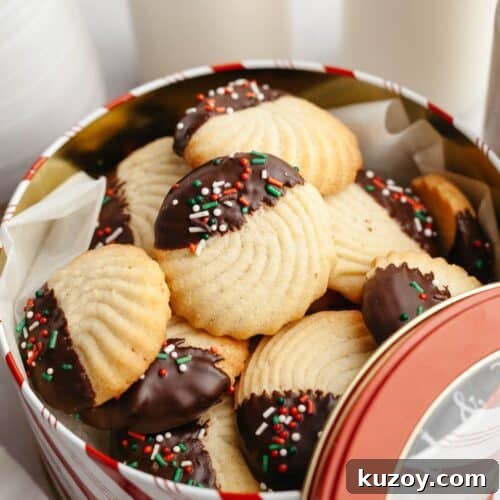 Chocolate dipped butter cookies with sprinkles in a tin.