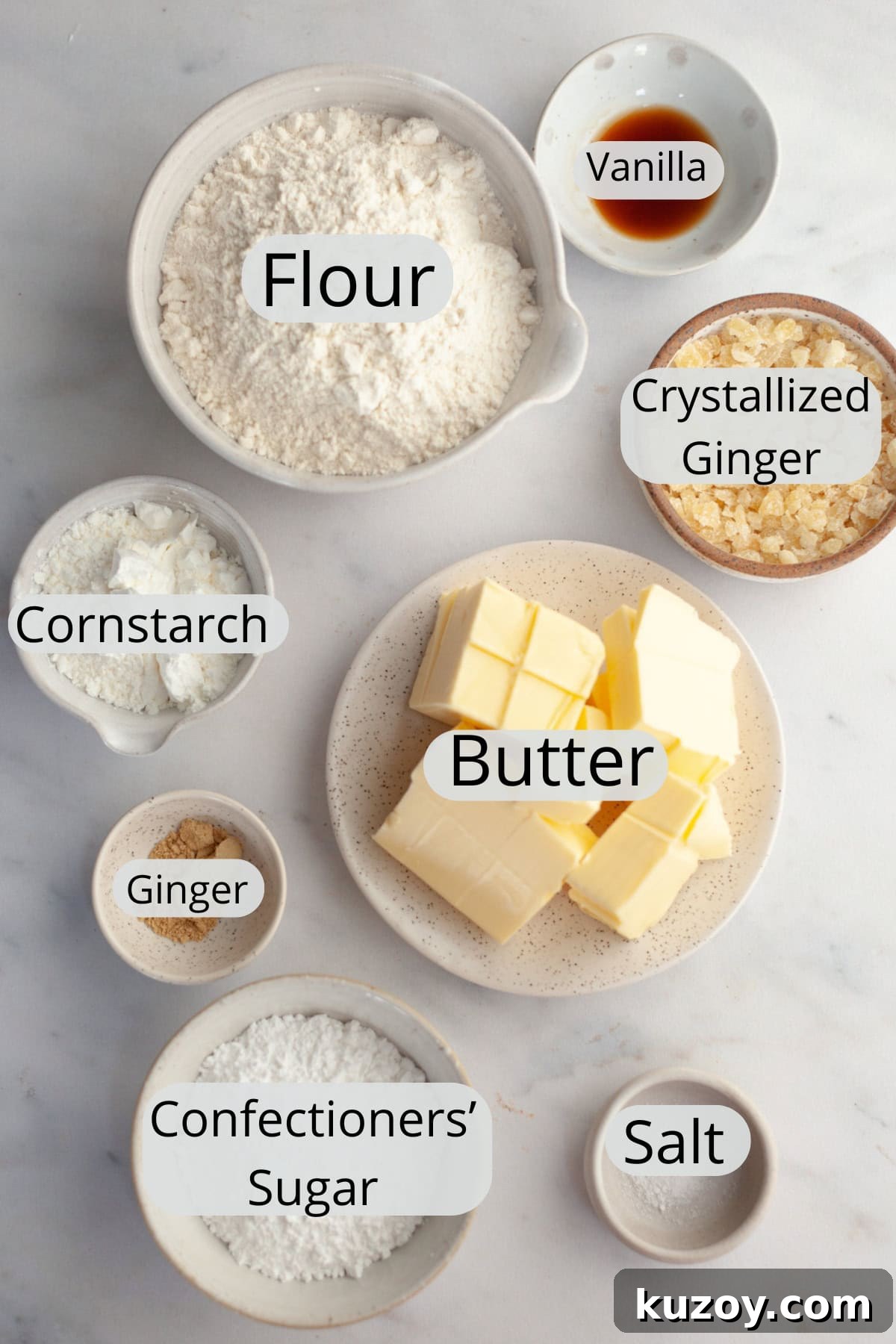 Double-Ginger Shortbread Cookies: Chewy Ginger & Crystallized Chip Recipe 3 All the ingredients needed to make ginger shortbread cookies, weighed out into small bowls.