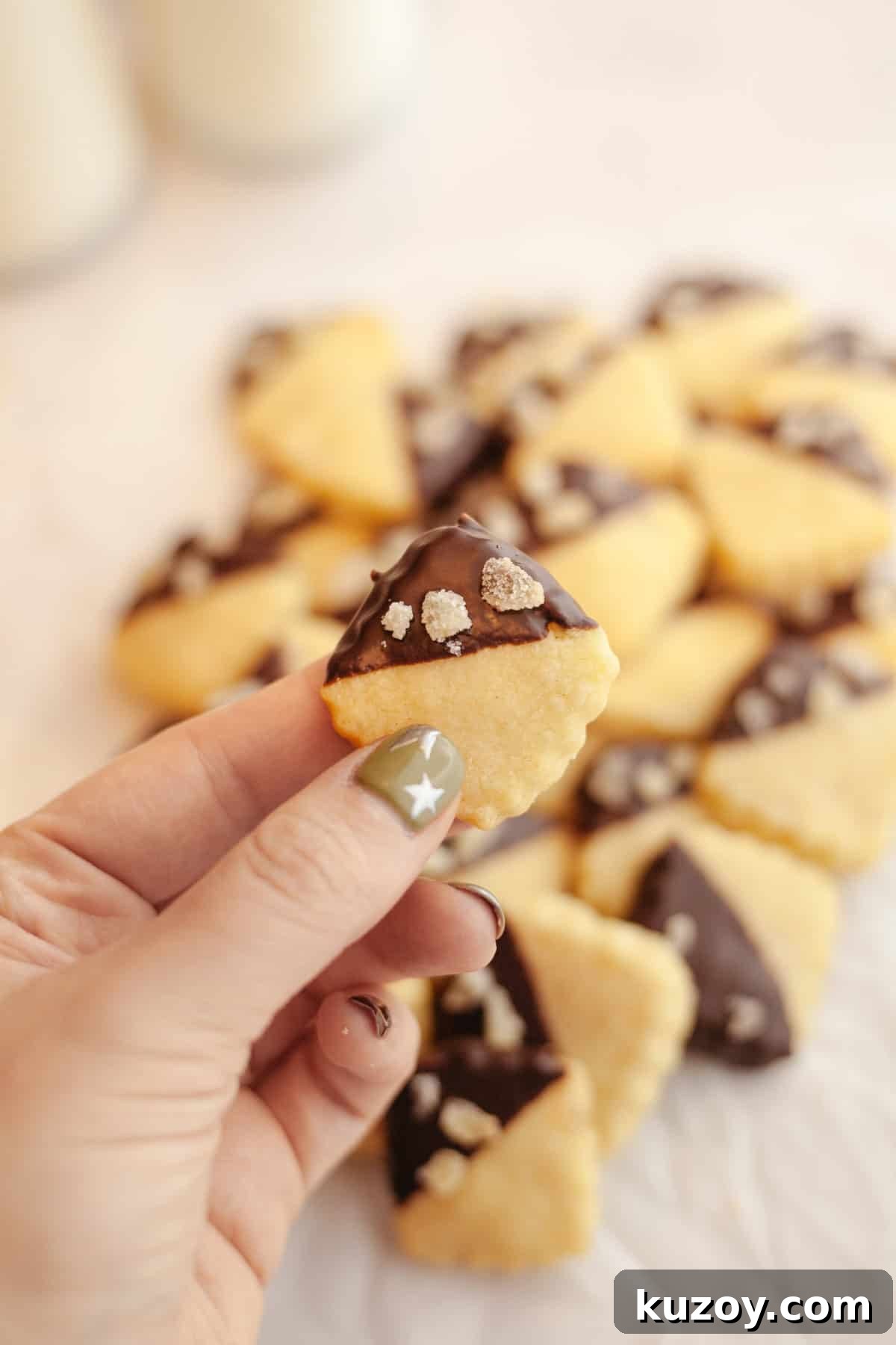 Double-Ginger Shortbread Cookies: Chewy Ginger & Crystallized Chip Recipe 10 A hand holding a small square cookie, half dipped in chocolate.