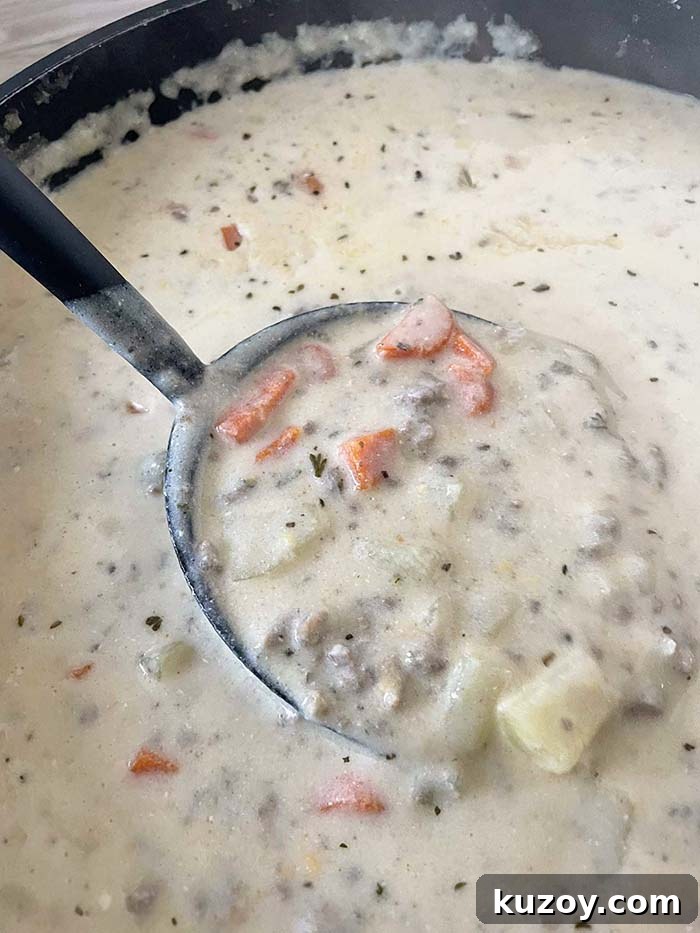 A large pot of Cheeseburger Soup with a ladle held diagonally from the left inserted partly into the soup with soup in it.