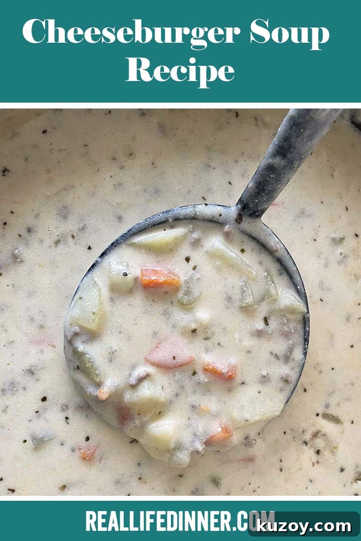 Creamy Cheeseburger Soup Recipe: Hearty, Flavor-Packed Bowl 11 Pinterest picture of Cheeseburger Soup Recipe with the text of the title at the top.