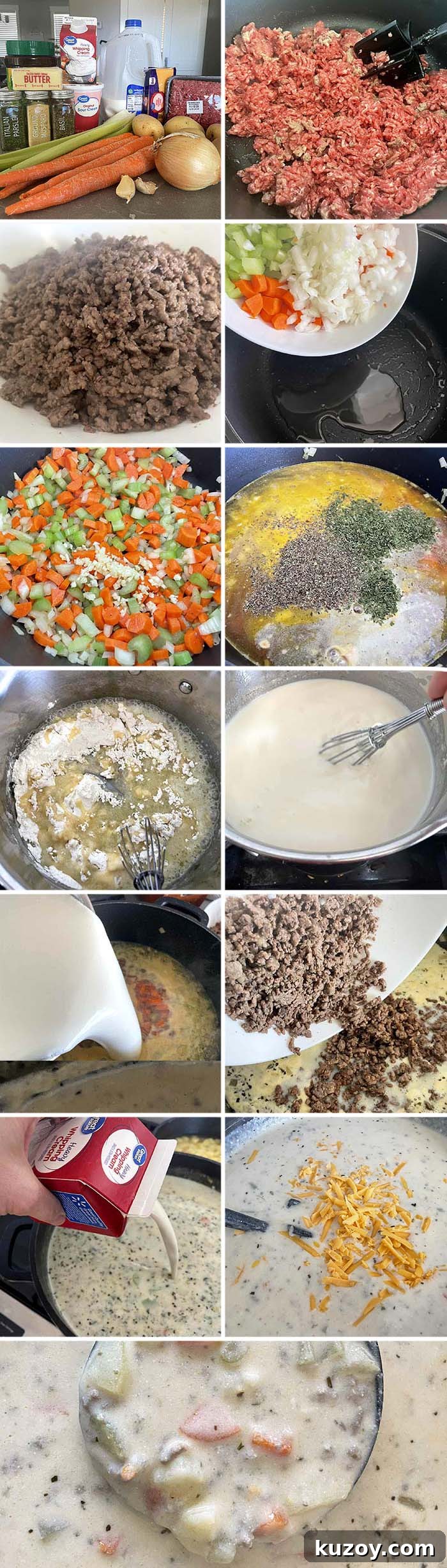 Creamy Cheeseburger Soup Recipe: Hearty, Flavor-Packed Bowl 4 13-photo picture collage of step-by-step photos of how to make Cheeseburger Soup.