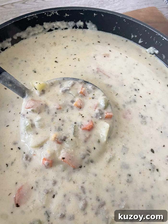 Cheesburger Soup in a large pot with a black ladle filled with soup placed diagonally from the left and held just above the top of the soup.