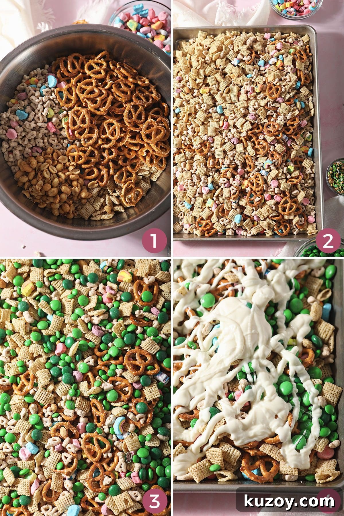 St. Patrick’s Day Snack Mix Recipe for Festive Parties 4 Collage showing how to put together a St. Patrick's Day Snack Mix in a pan