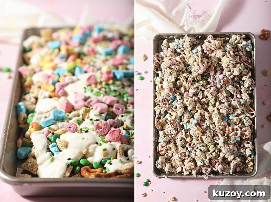 St. Patrick’s Day Snack Mix Recipe for Festive Parties 5 Collage showing the final White Chocolate Chex Mix for St. Patrick's Day in a pan