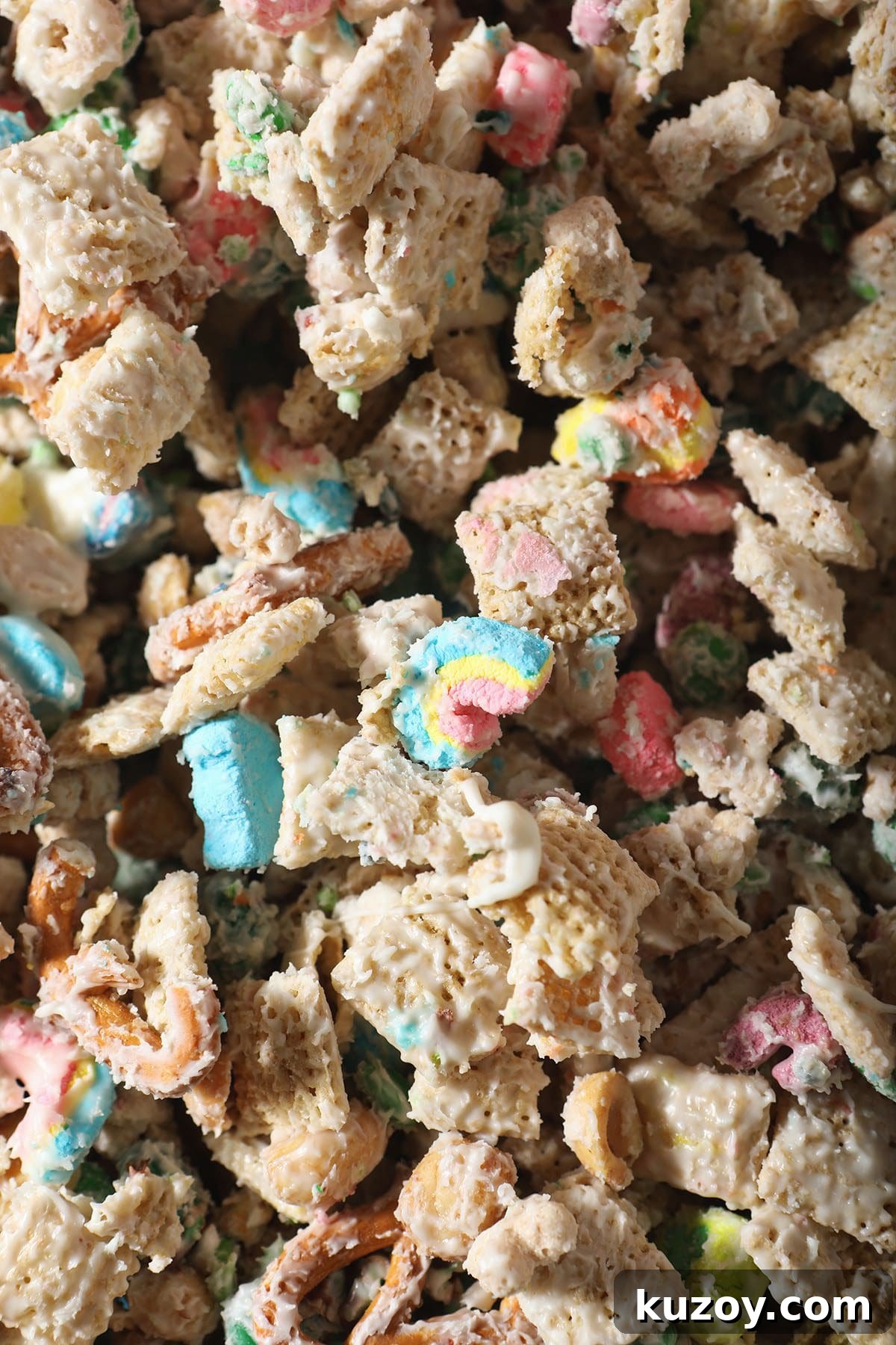 St. Patrick’s Day Snack Mix Recipe for Festive Parties 6 Close up of White Chocolate Chex Mix with Lucky Charms