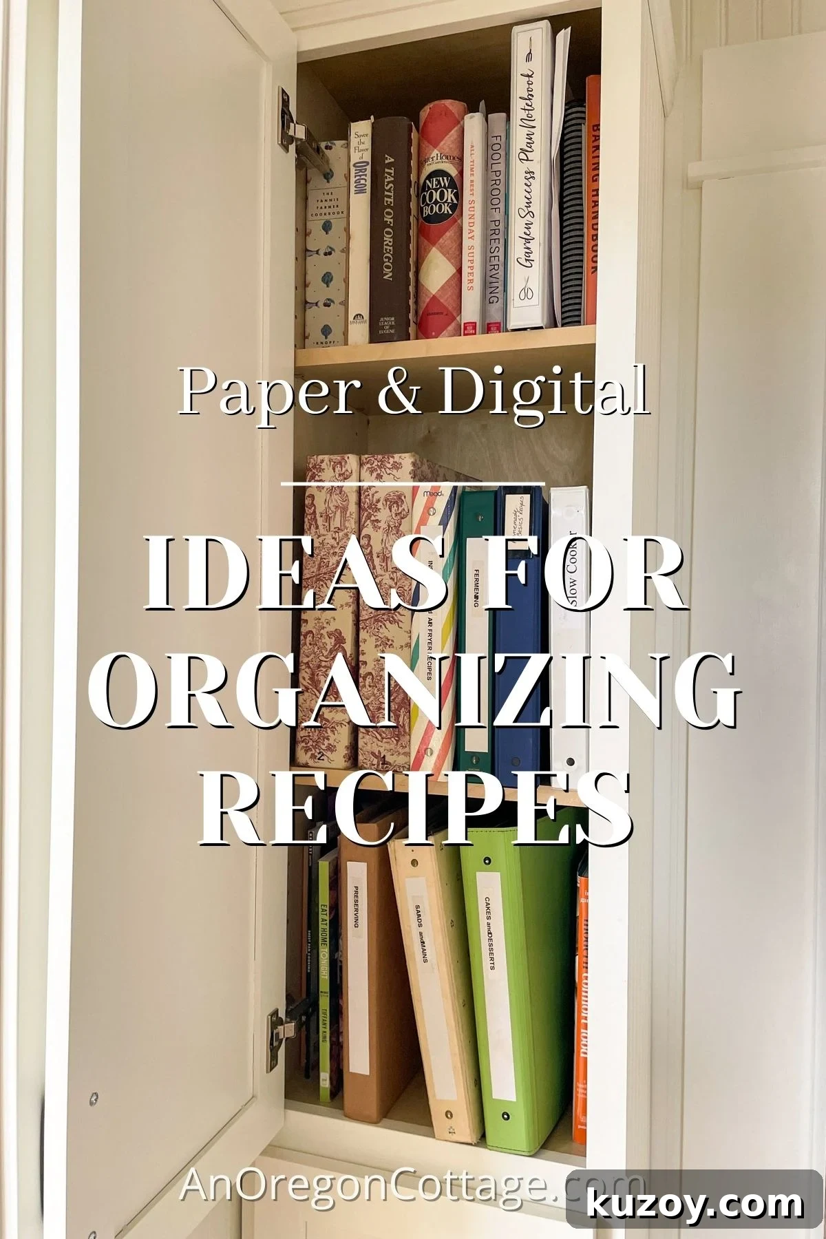 Smart Ways to Organize Your Recipes: Paper and Digital Methods 2 organized recipe binders and cookbooks in cabinet