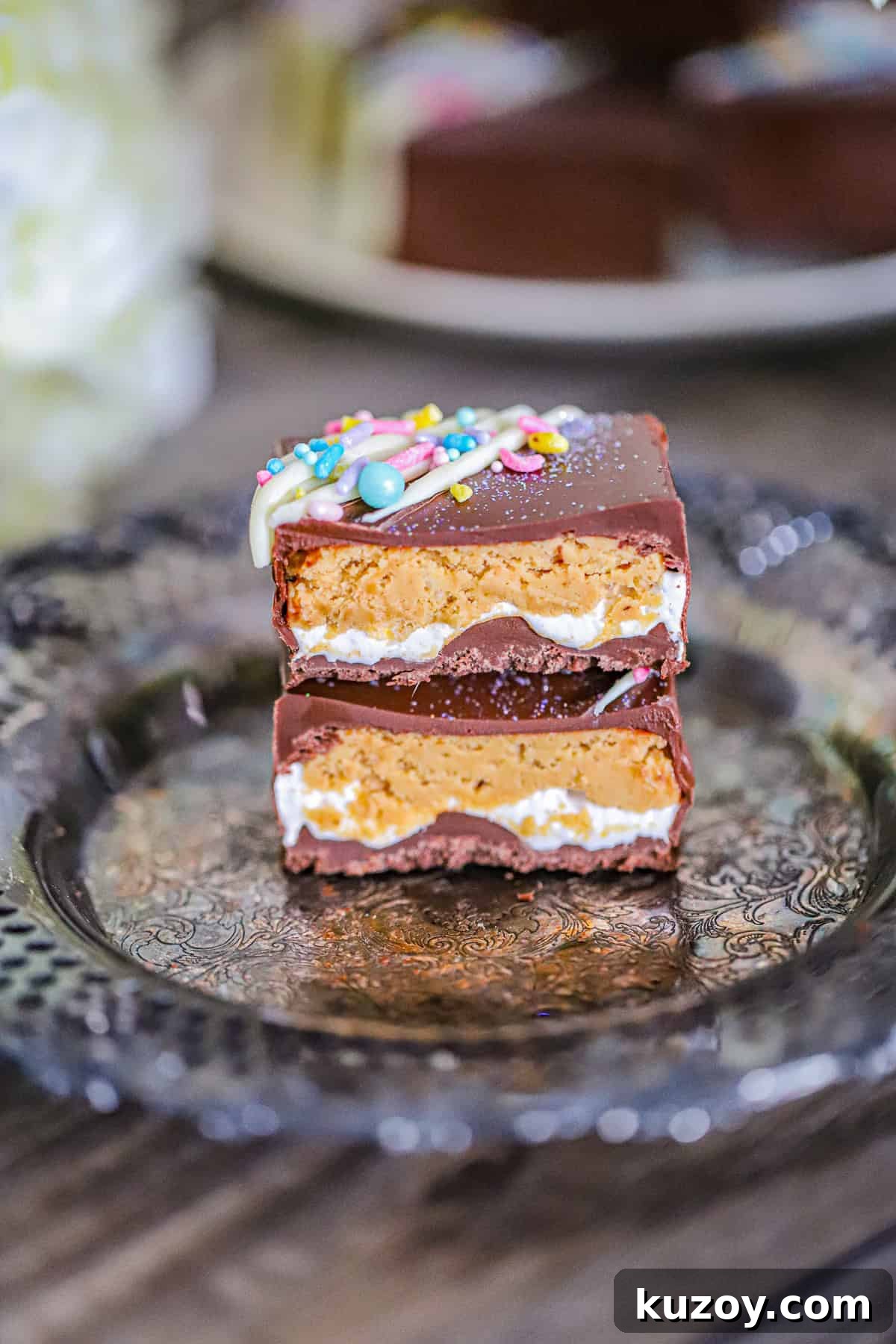 Marshmallow Peanut Butter Chocolate Bliss Bars Recipe 2 No-bake marshmallow peanut butter chocolate bars with glossy chocolate coating
