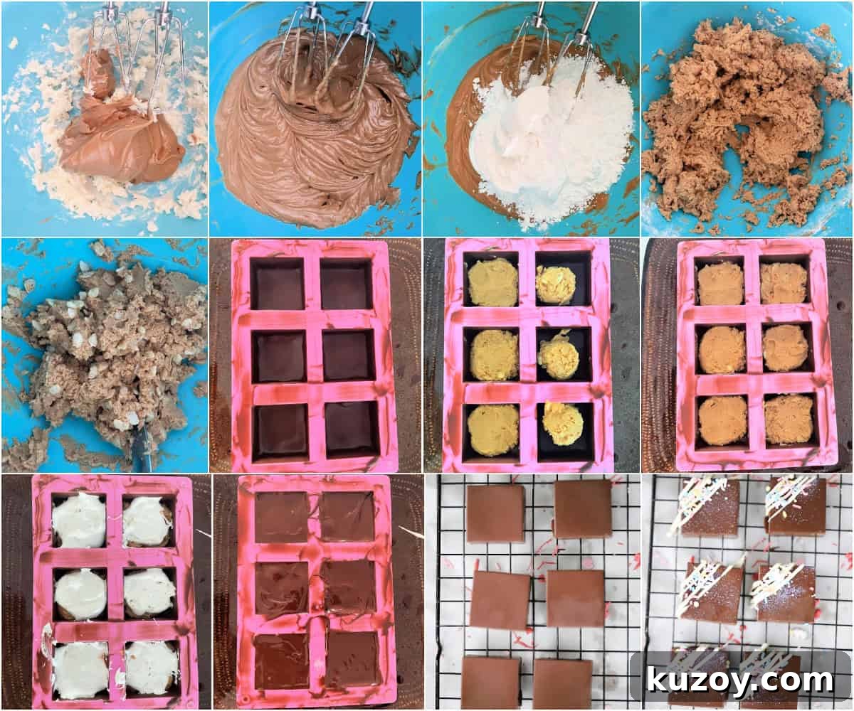 Marshmallow Peanut Butter Chocolate Bliss Bars Recipe 5 Silicone mold with layered bars before the chocolate topping