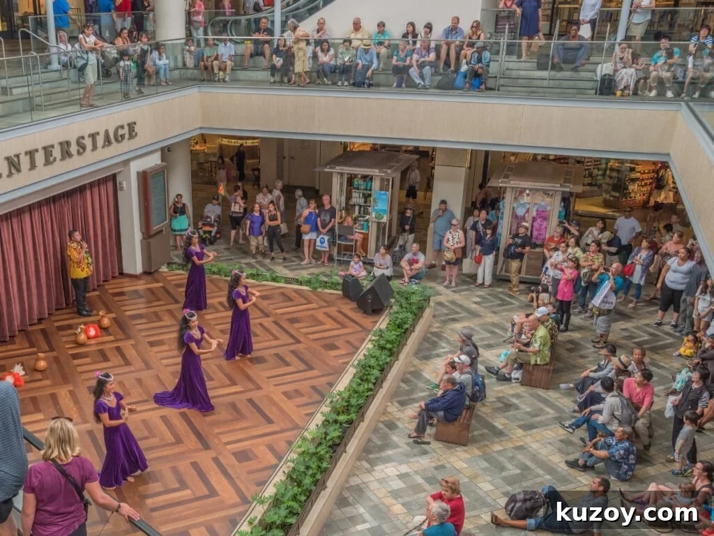 Waikīkī Live Music & Hula Show Guide (Updated 2026) 7 Overhead shot of the Daily Hula Show at Ala Moana Centrestage at Ala Moana Center.