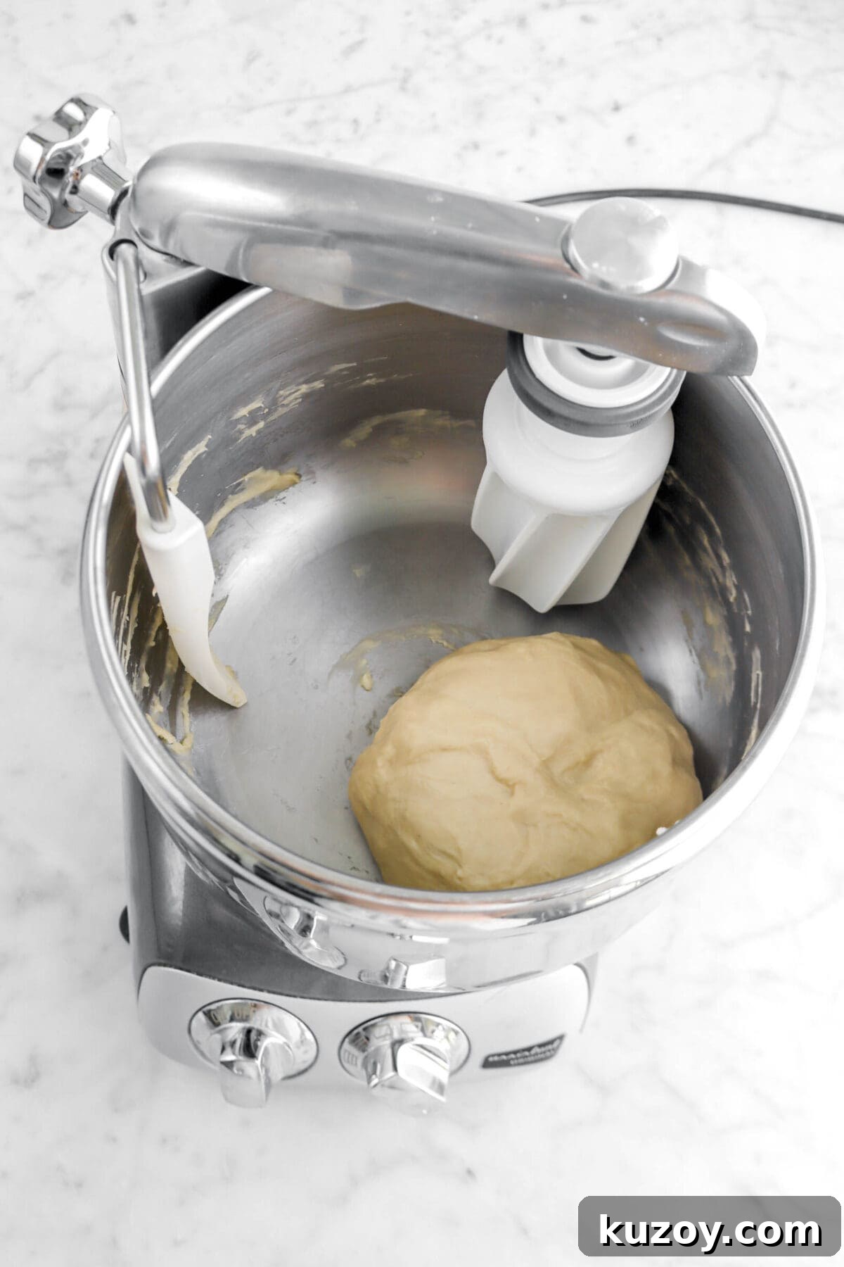Cinnamon Sugar Walnut Pull-Apart Bread Recipe 12 dough in mixer on marble surface