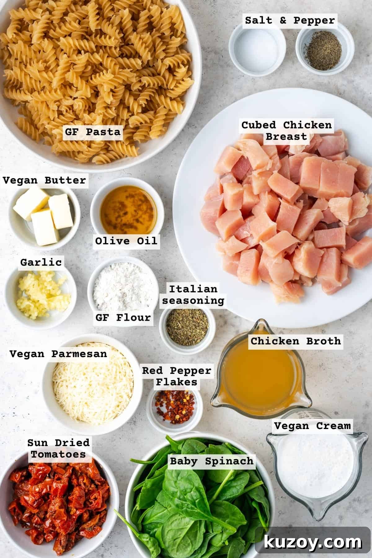 30-Minute Marry Me Chicken Pasta Recipe for Date Night 3 Ingredients for marry me chicken pasta on a white table