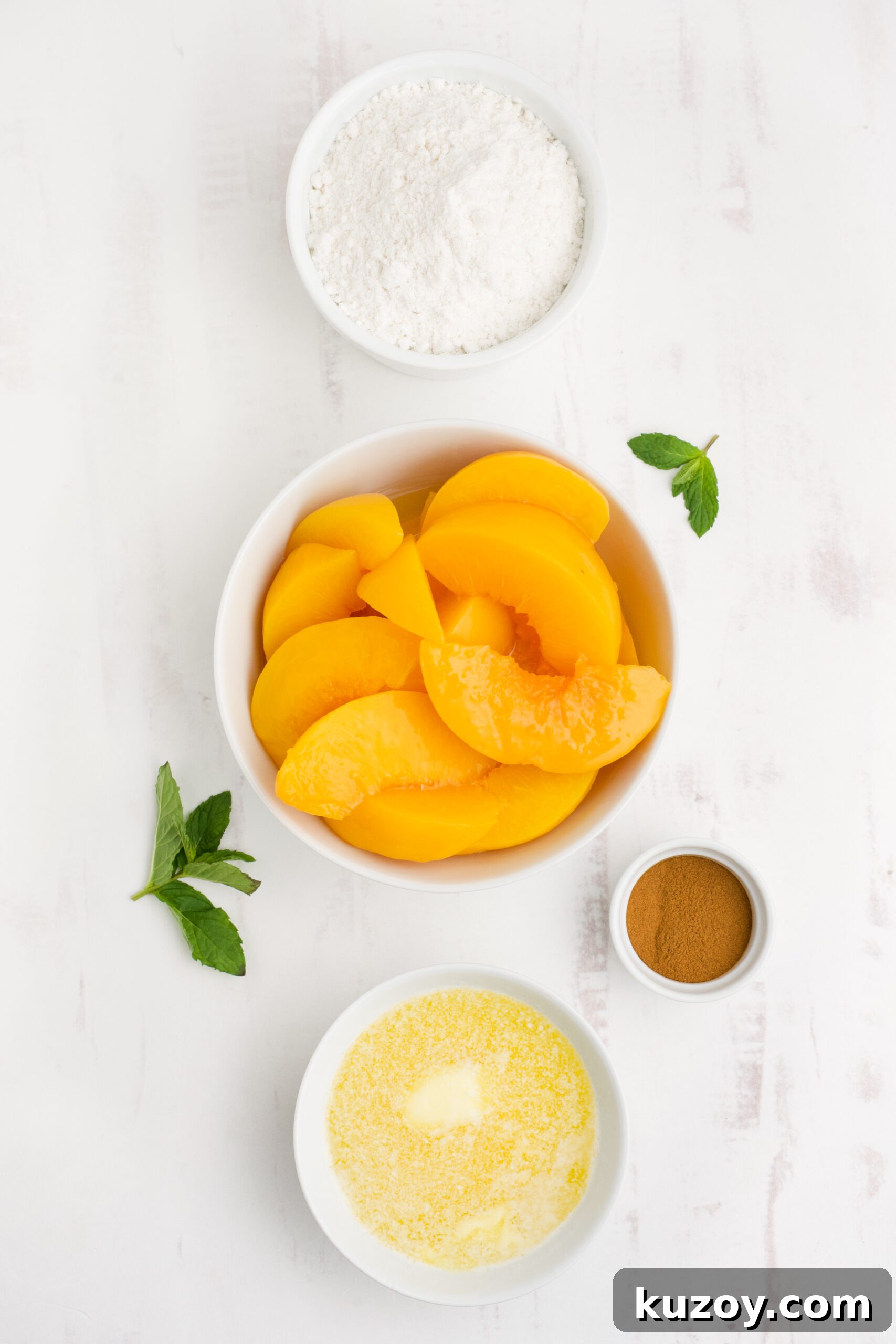 No-Bake Peach Dump Cake Recipe for Quick Summer Dessert 7 Overhead view of the ingredients needed to complete this recipe.