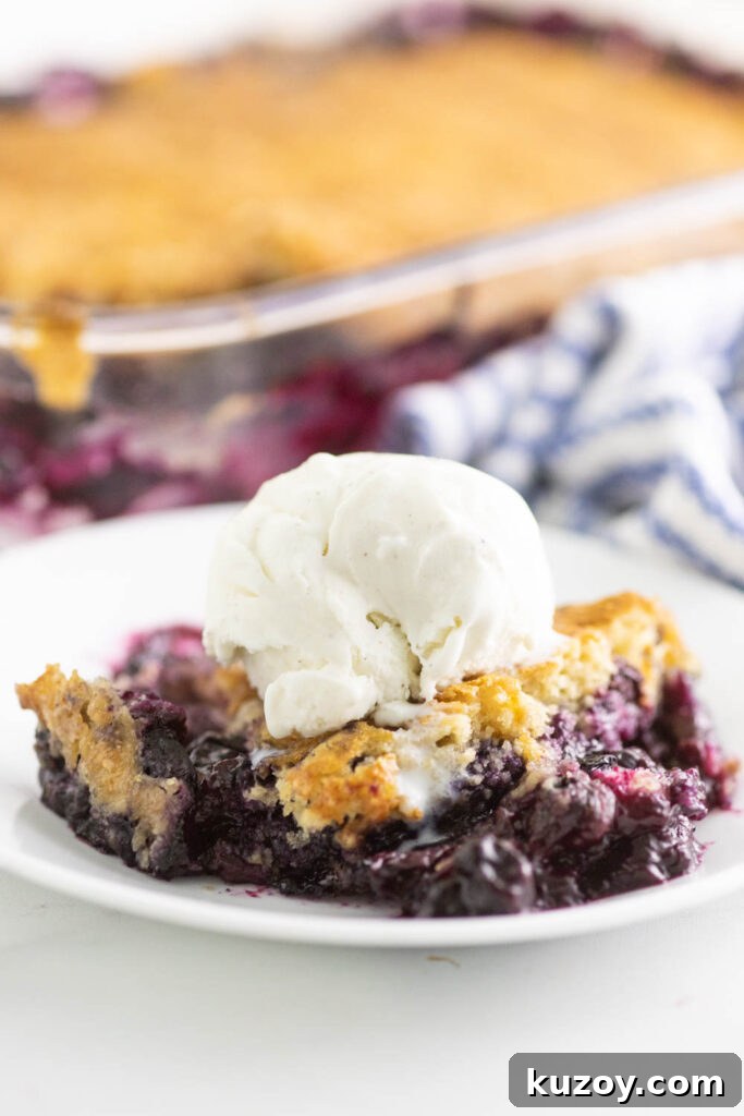 Homemade Blueberry Cobbler Recipe with Golden Crisp Topping 2 Blueberry Cobbler topped with vanilla ice cream on a small white plate and the full cobbler in the background
