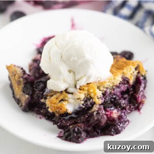 Homemade Blueberry Cobbler Recipe with Golden Crisp Topping 4 Blueberry Cobbler topped with vanilla ice cream on a small white plate and the full cobbler in the background
