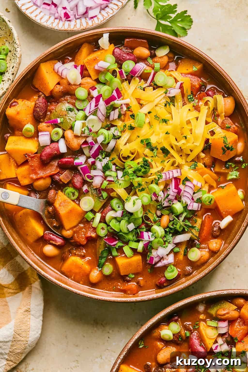 Hearty Butternut Squash & White Bean Chili Recipe 2 Bowl of butternut squash chili with cheese, onion and cilantro garnish on top.