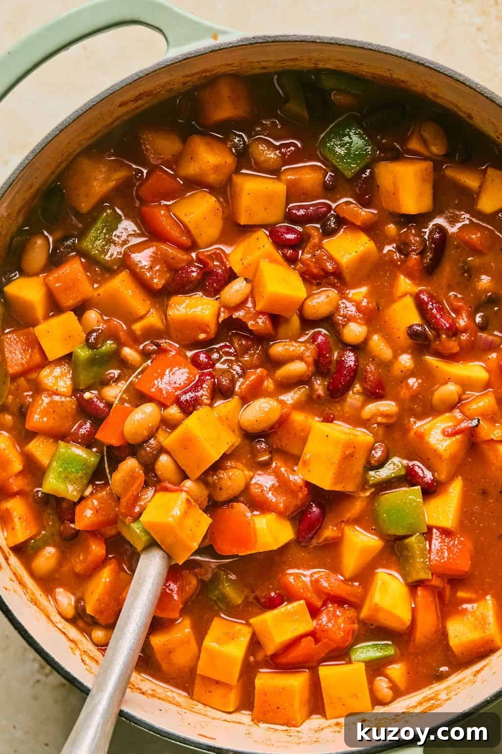 Hearty Butternut Squash & White Bean Chili Recipe 7 Cooked butternut squash chili in pot with spoon scooping into it.