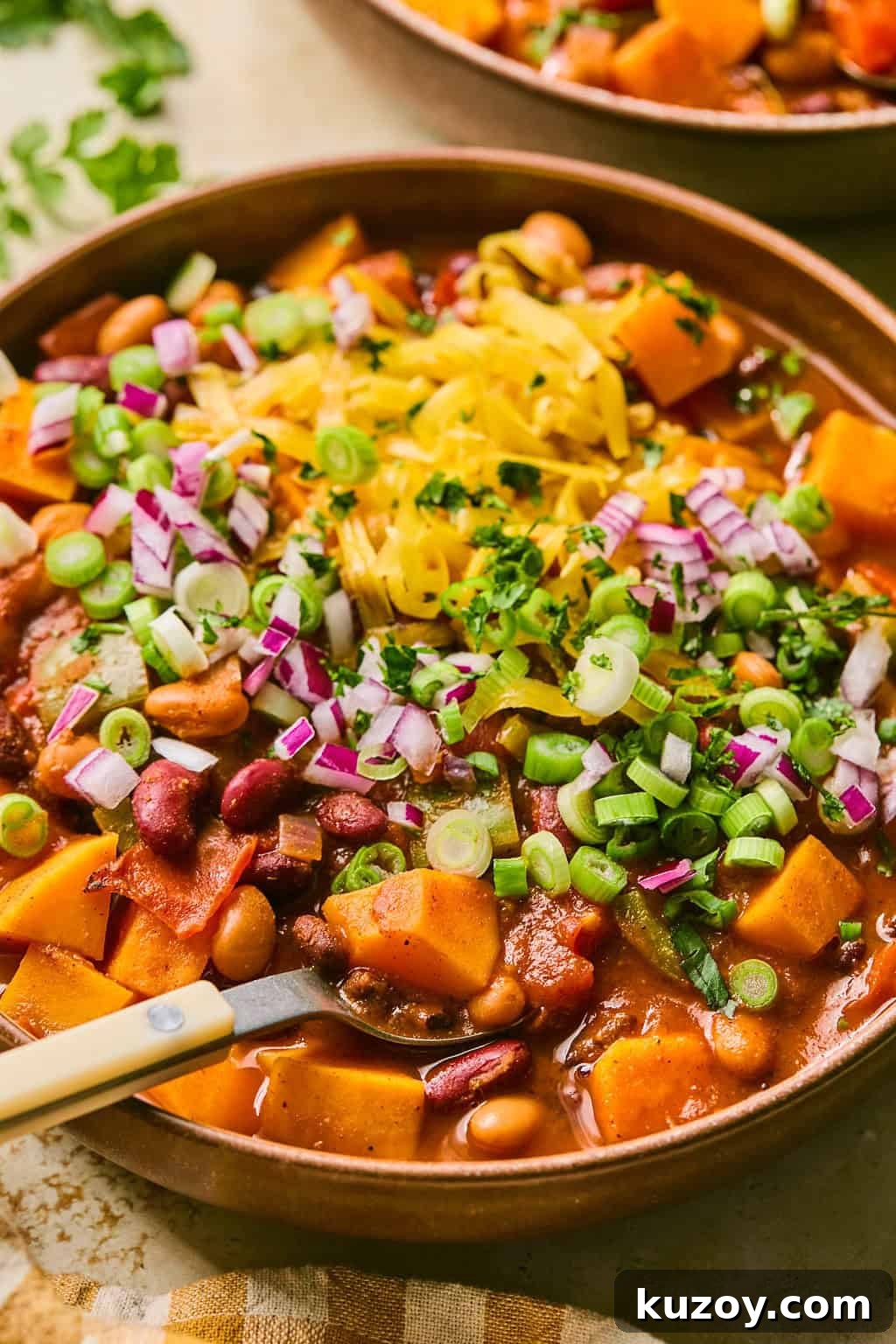Hearty Butternut Squash & White Bean Chili Recipe 8 Bowl with spoon scooping into butternut squash chili topped with shredded cheese and onions.