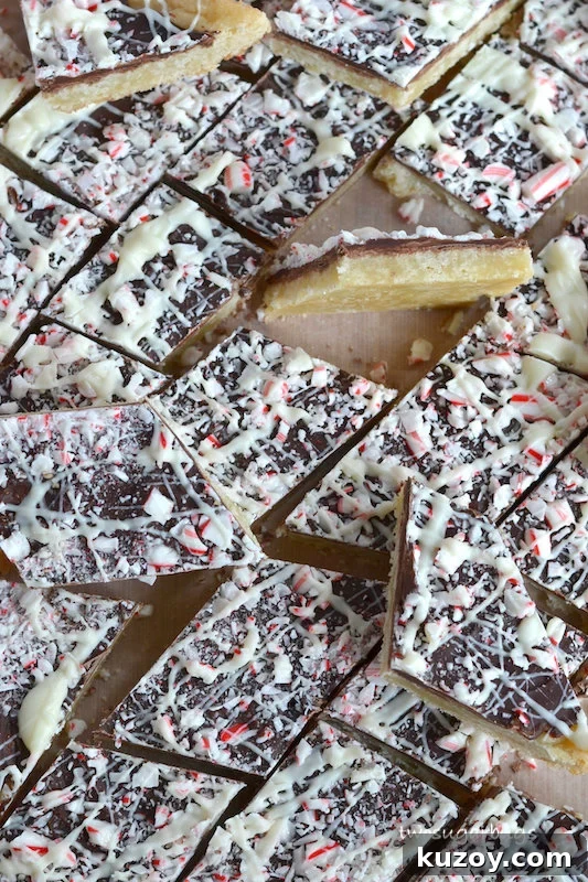 cut pieces of shortbread peppermint park with one on it's side to show the layers