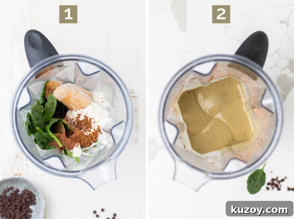 Step 1 shows to add all ingredients to a blender, and step 2 shows processing it to form a smooth texture.