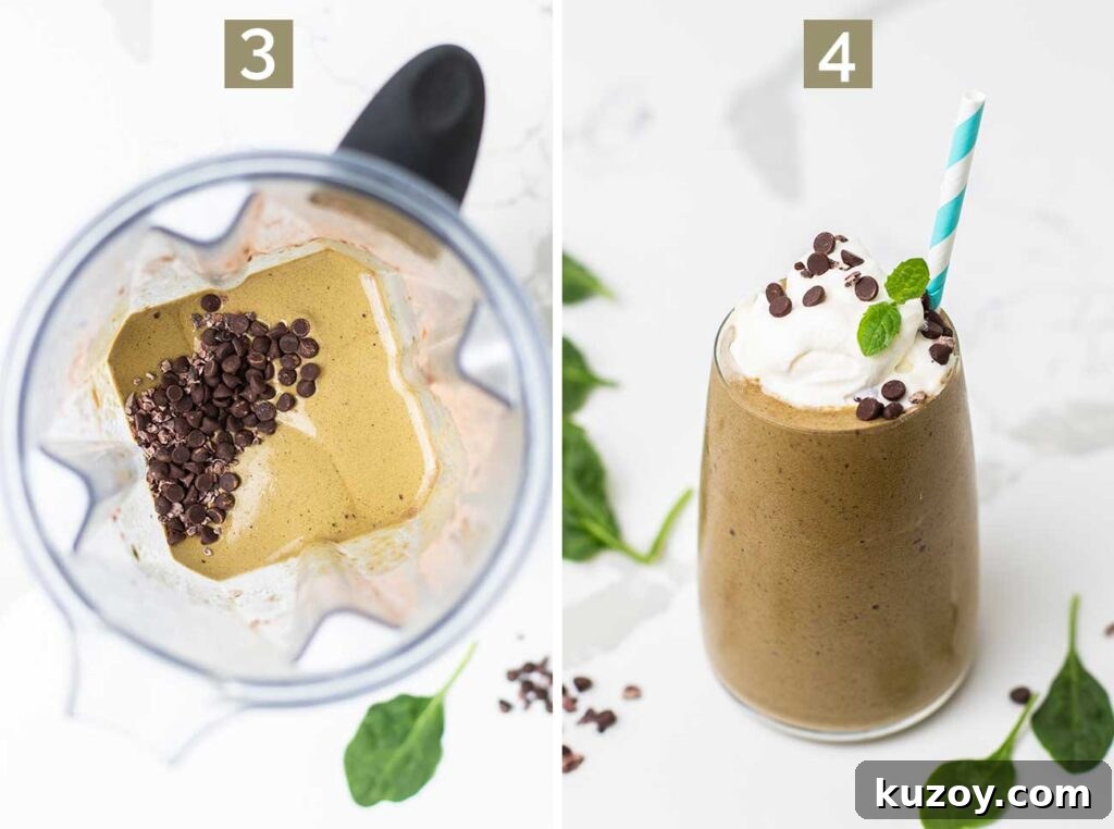 Step 3 shows pulsing the chocolate chips into the smoothie, and step 4 shows garnishing the smoothie with whipped cream and chocolate chips.