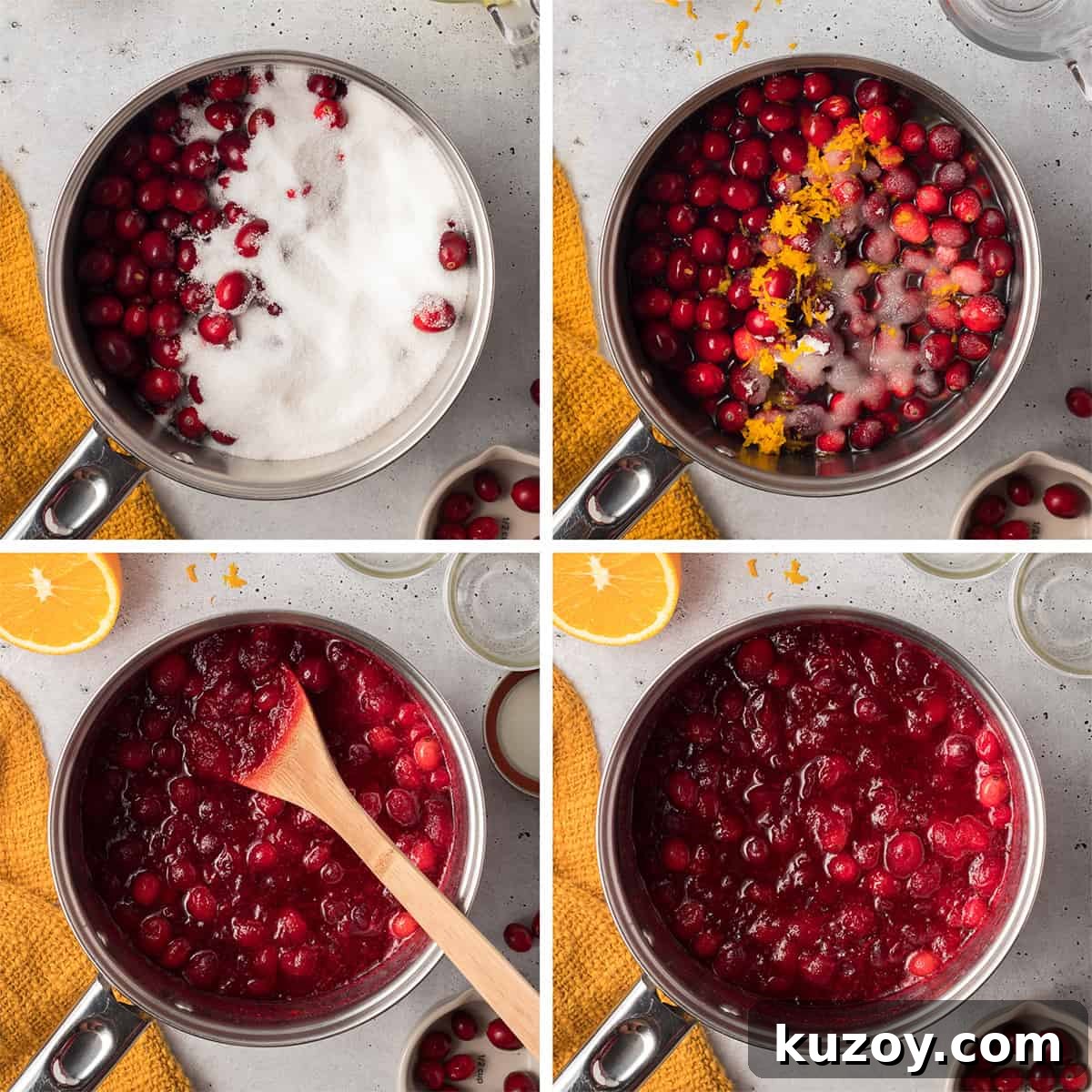 Citrus Cranberry Sauce Recipe: Orange-Infused Holiday Cranberry Sauce 6 Four images of sugar, cranberries, water, orange zest and juice being combined in a saucepan.