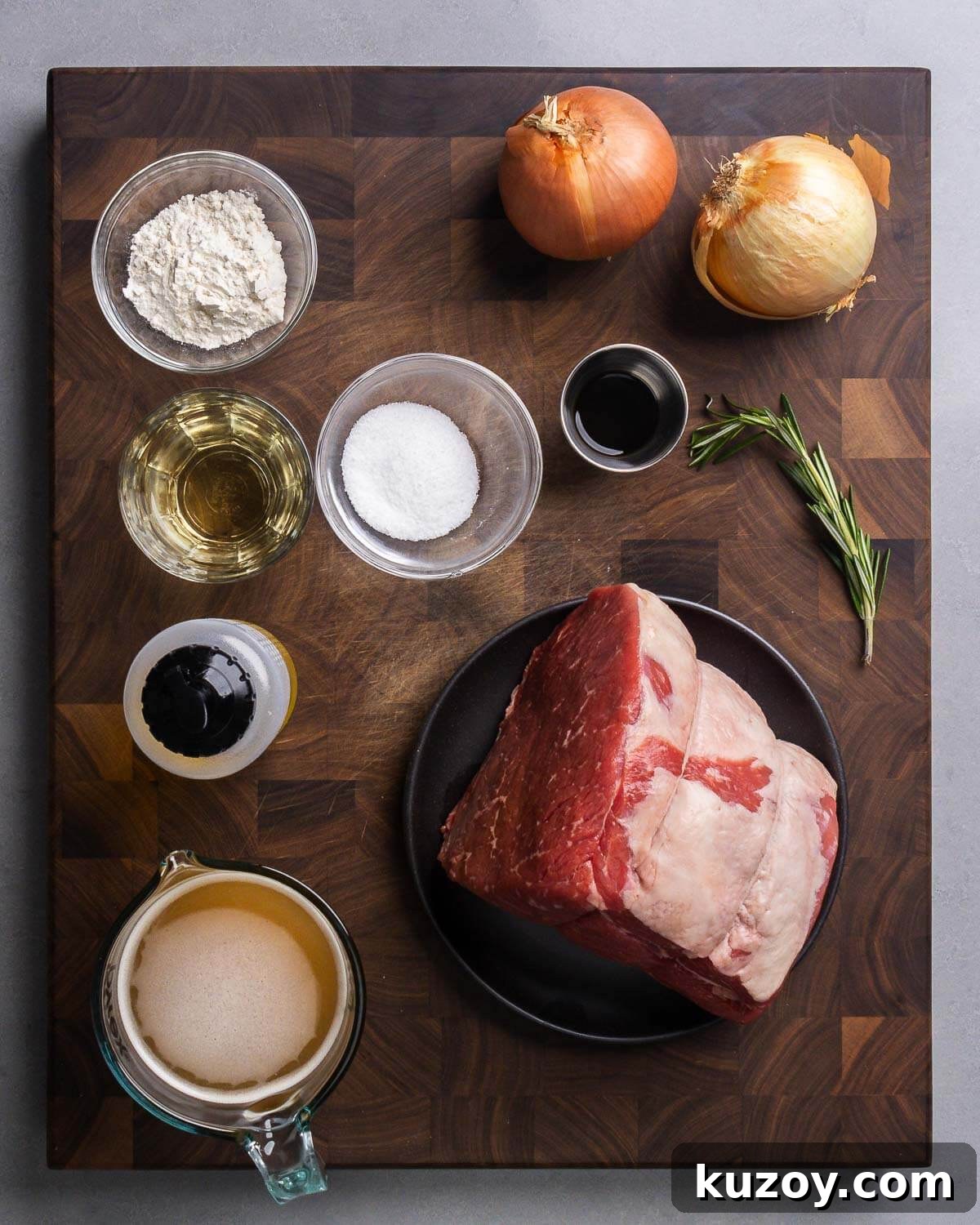 Ingredients shown: flour, white wine, salt, onions, Worcestshire sauce, rosemary, olive oil, beef stock, and top round roast.
