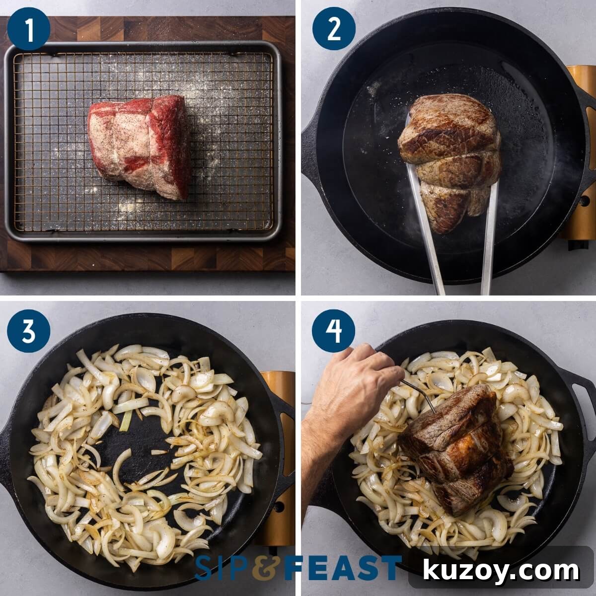 Top round beef roast with gravy process collage group one showing salting of roast, searing roast, sauteing onions, and inserting probe into roast.