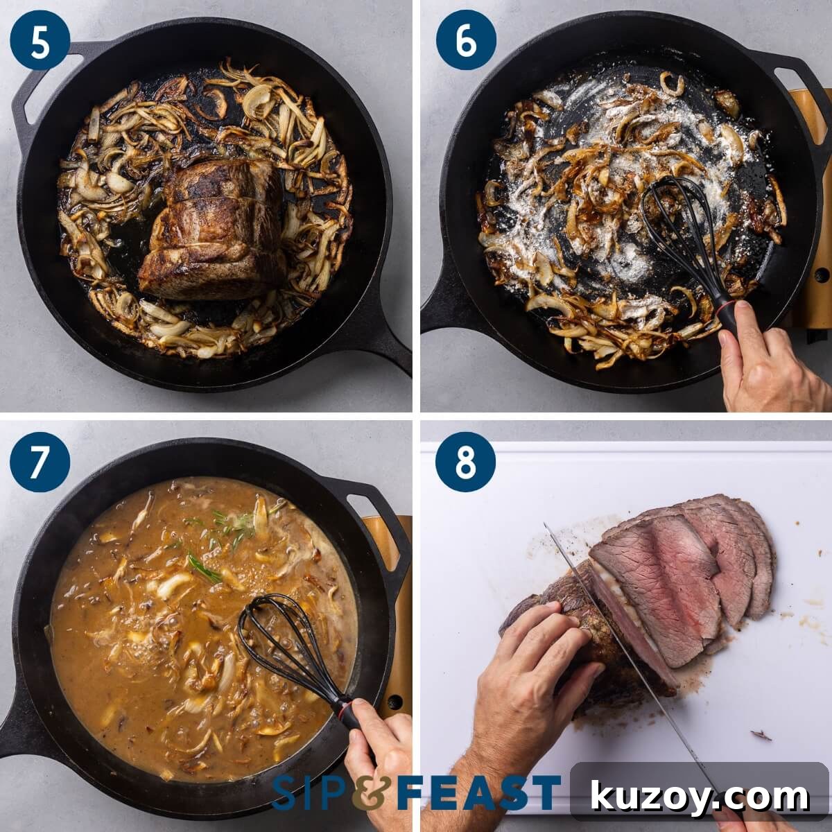 Recipe collage two showing cooked roast and onions in pan, making gravy in pan, and slicing the top round roast.