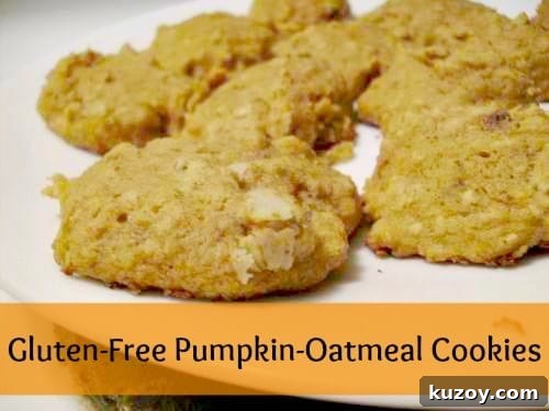 Image shows a plate of oatmeal pumpkin cookies, with text at the bottom that reads 'Gluten Free Pumpkin-Oatmeal Cookies'
