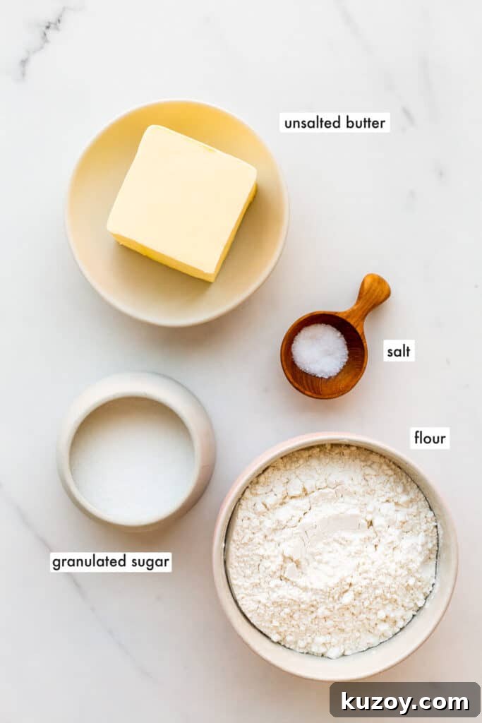 Simple 1-2-3 Shortbread Cookies Recipe for Perfect Crunch 3 Ingredients to make shortbread cookies measured out and ready to be mixed.
