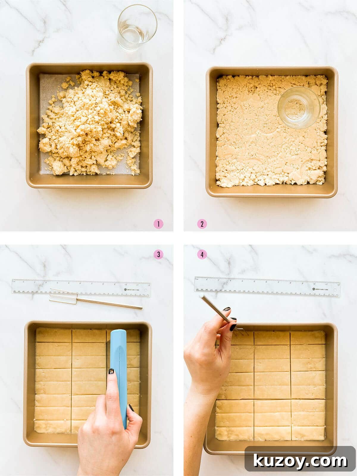 Simple 1-2-3 Shortbread Cookies Recipe for Perfect Crunch 4 Collage of four images to show steps to make shortbread in a square baking pan.