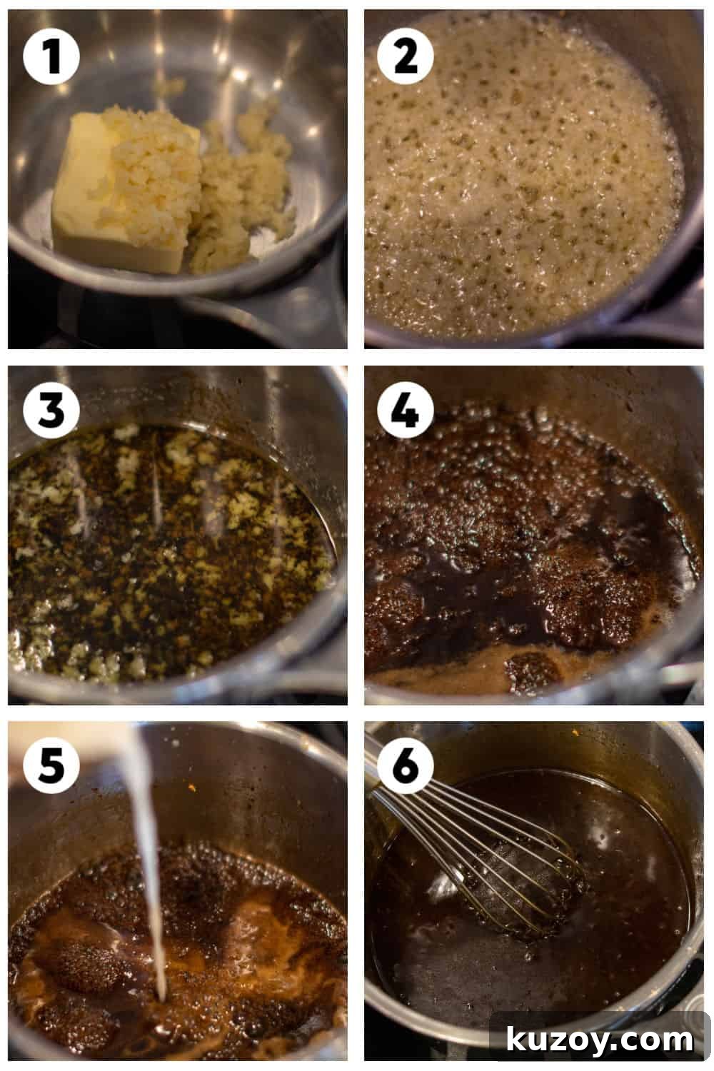 Sticky Honey Garlic Chicken Wings Recipe (Crispy & Flavorful) 4 Collage of six images showing how to make the honey garlic sauce.
