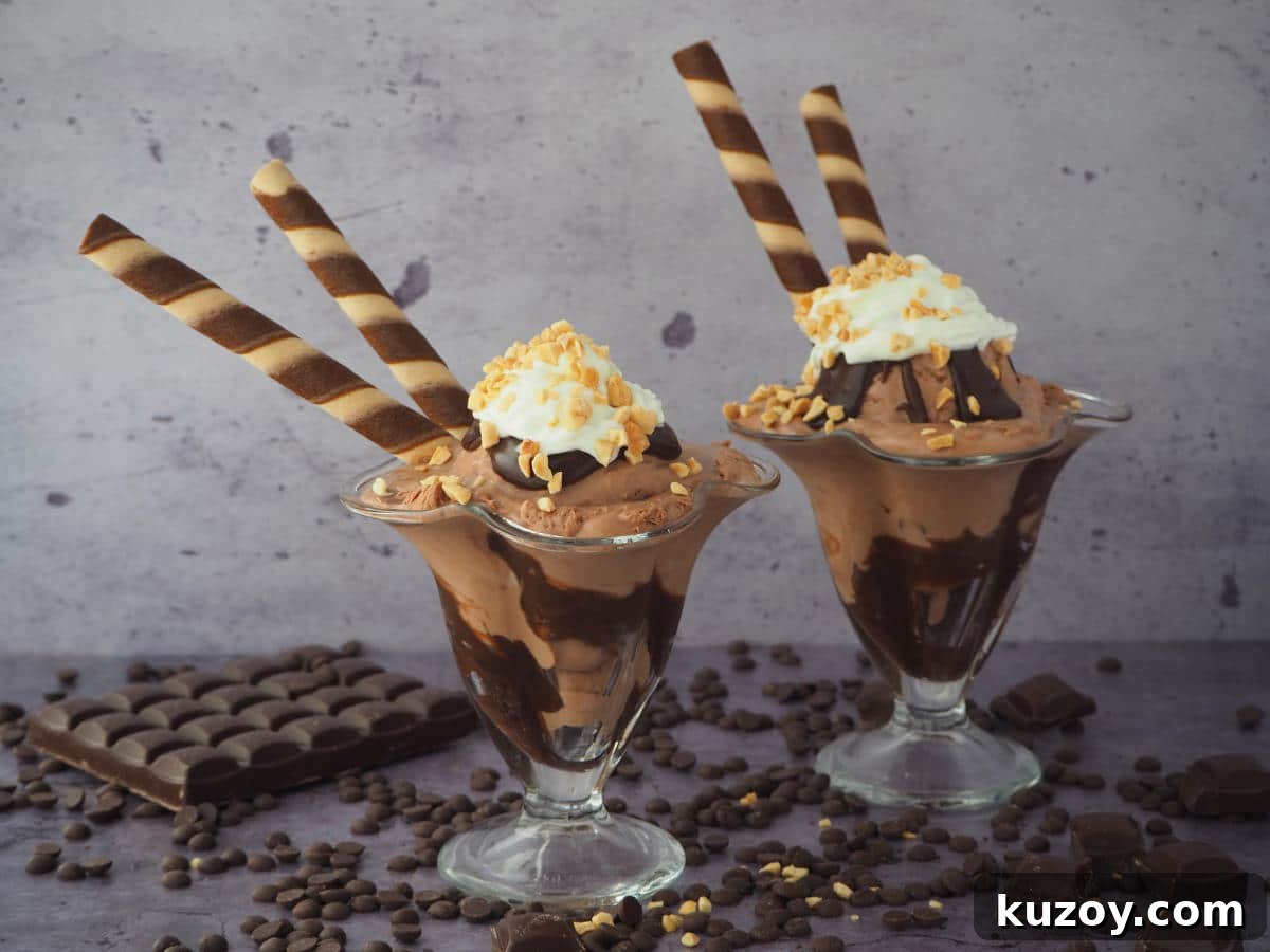Side view of two chocolate sundaes in tall sundae glasses, with chocolate fudge sauce, chocolate ice cream, whipped cream, chopped nuts and chocolate and vanilla circular tube wafers, on a grey background, surrounded by chocolate pieces, chocolate chips and some chopped nuts.